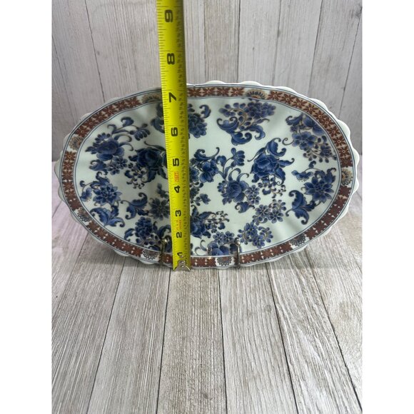 Vtg Chinese Decor Plate Oval Porcelain Blue Floral Design Gold Accents 10" x 7" - Picture 5 of 7